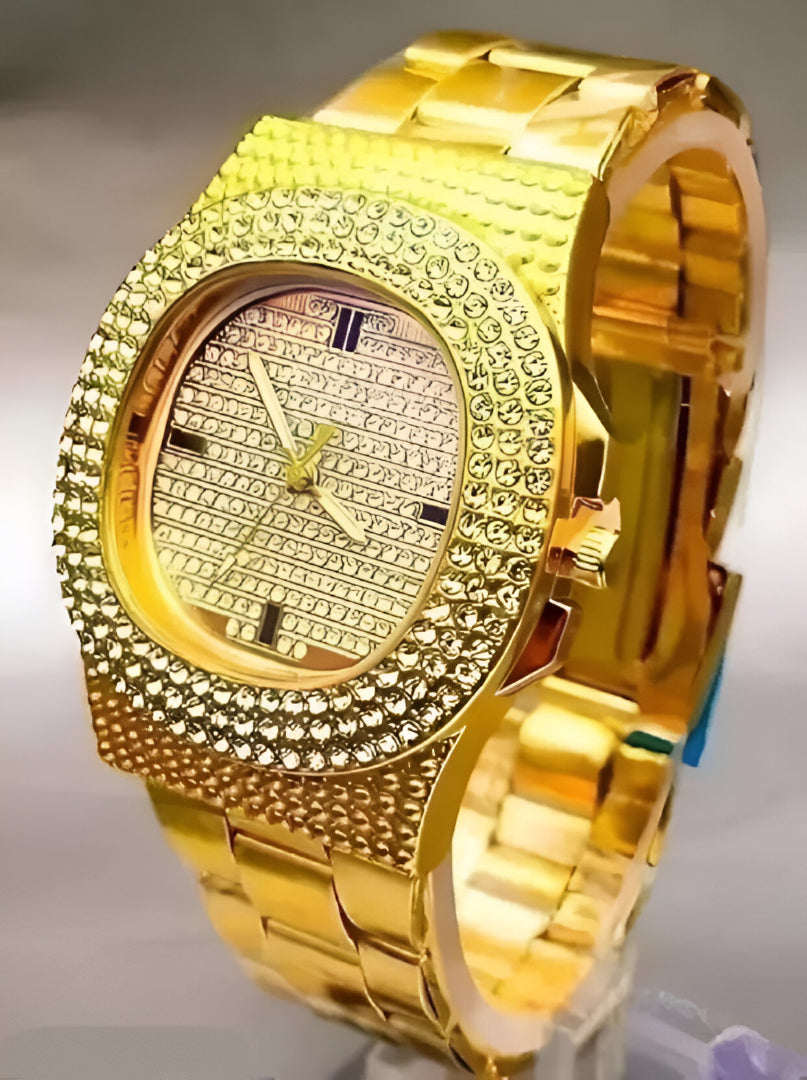 Golden Stone Studded Diamond Wrist Watch For Men