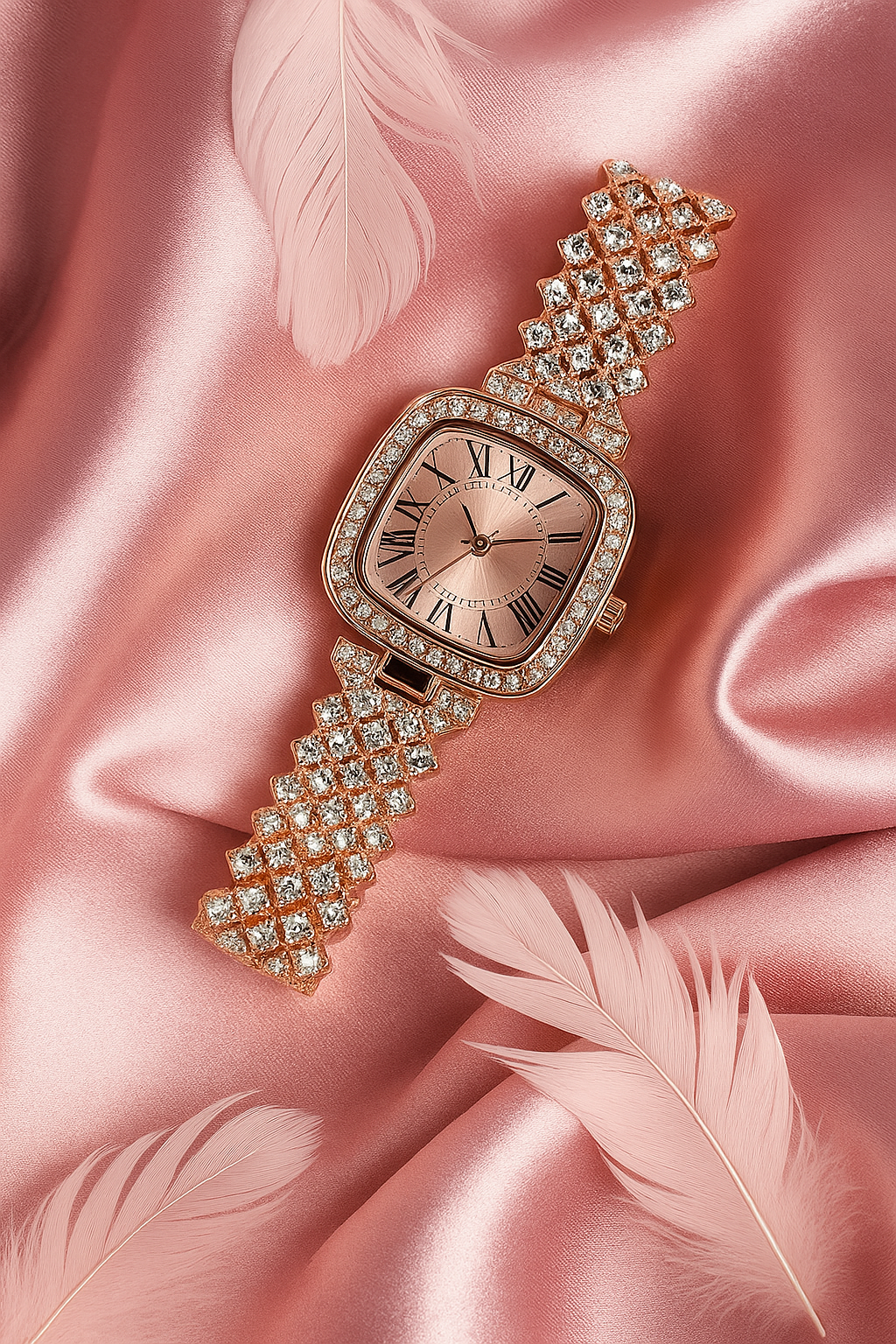 Square Diamond Studded Analog Dial with Stainless Steel Strap