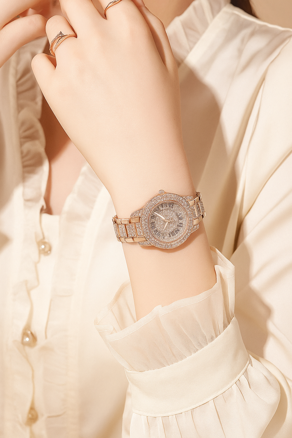 High-End Diamond Quartz Watch Rose Gold Roman Pattern Full Of Diamond