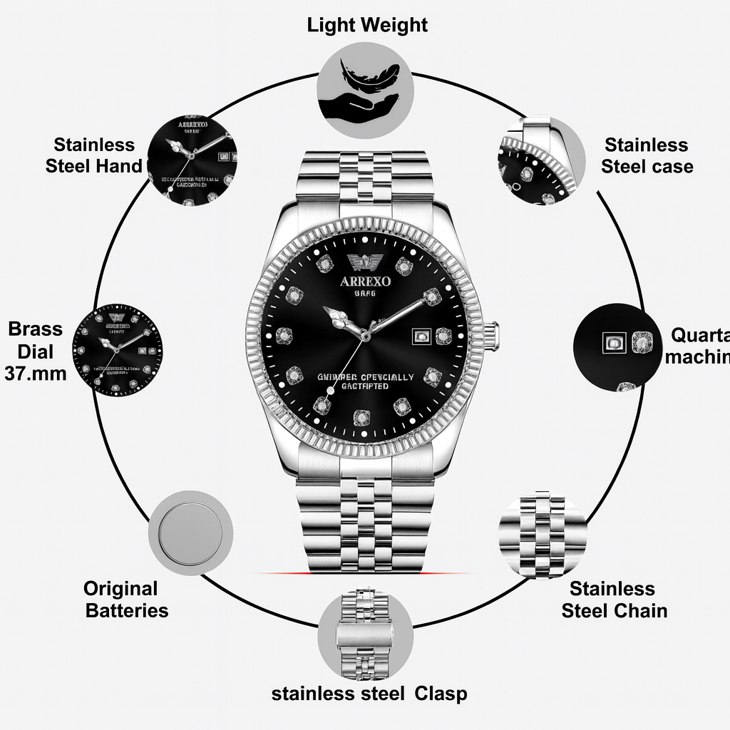 Abrexo Classic Black Dial Stainless Steel Date Watch