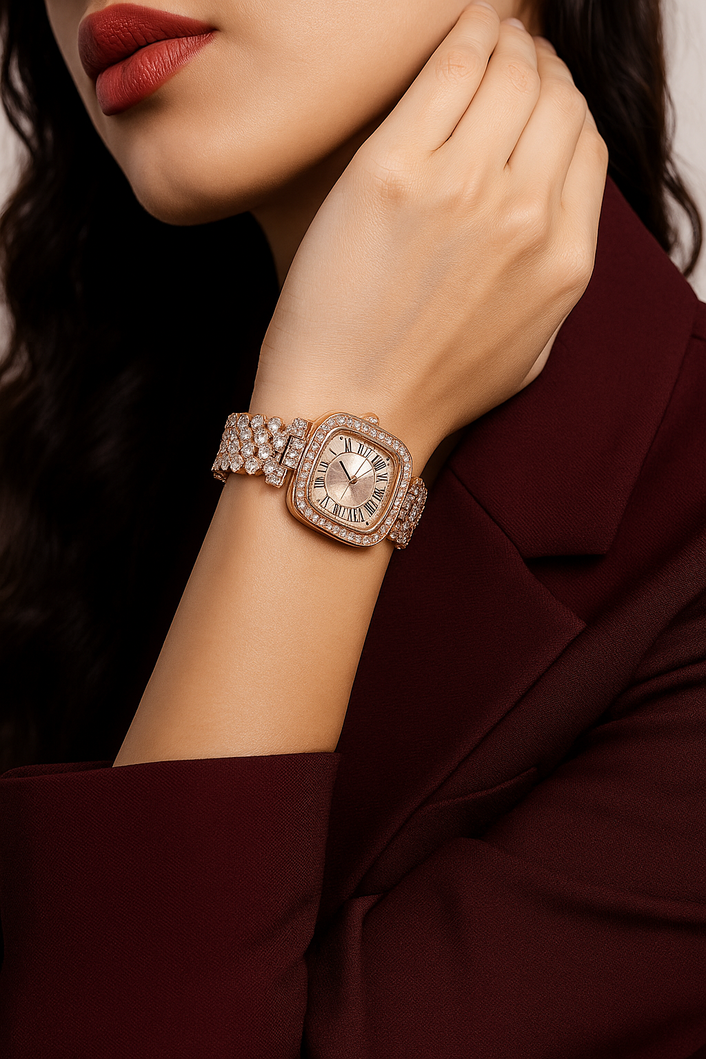 Square Diamond Studded Analog Dial with Stainless Steel Strap