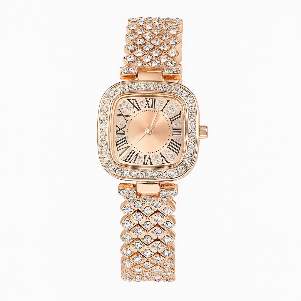 Square Diamond Studded Analog Dial with Stainless Steel Strap