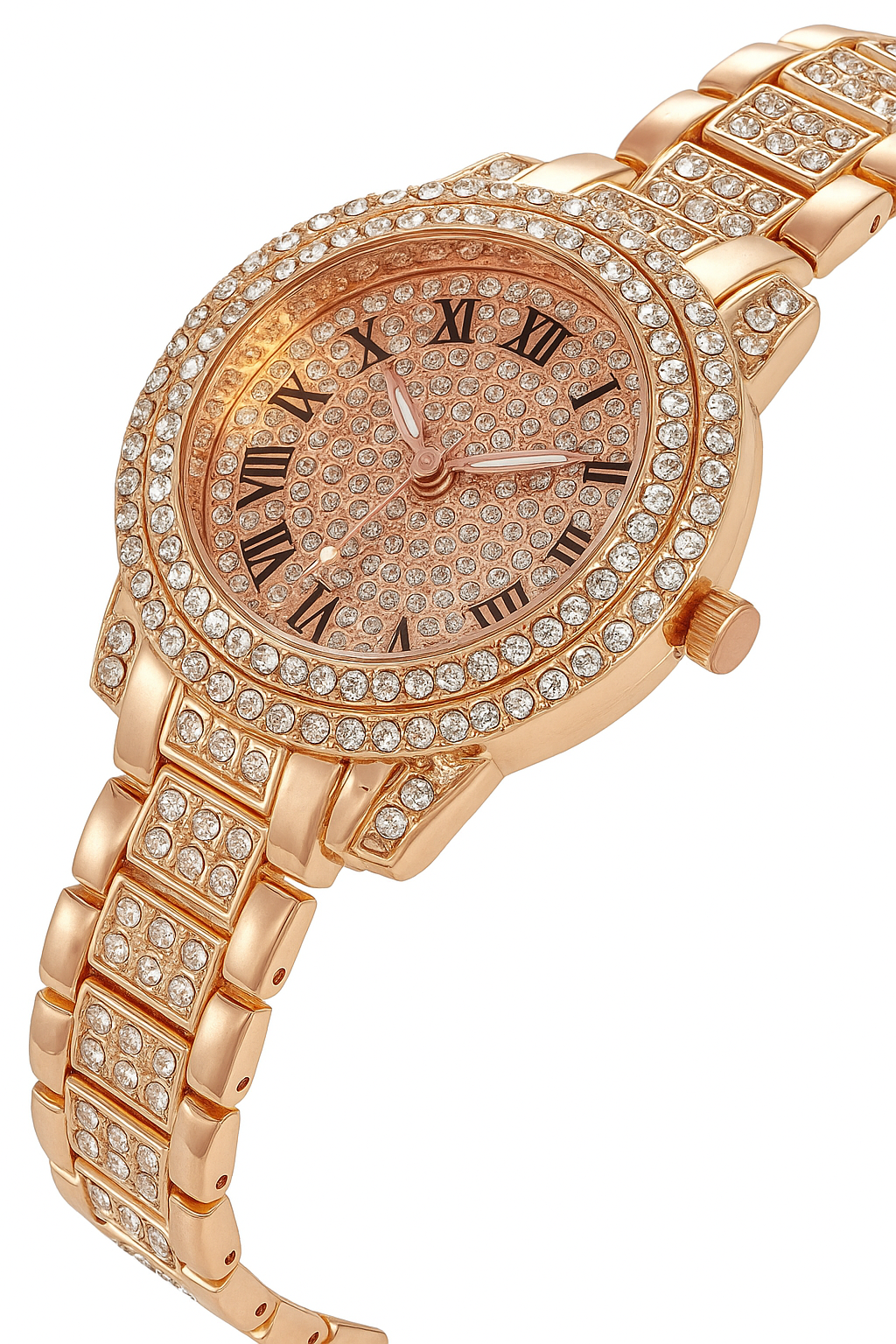 High-End Diamond Quartz Watch Rose Gold Roman Pattern Full Of Diamond